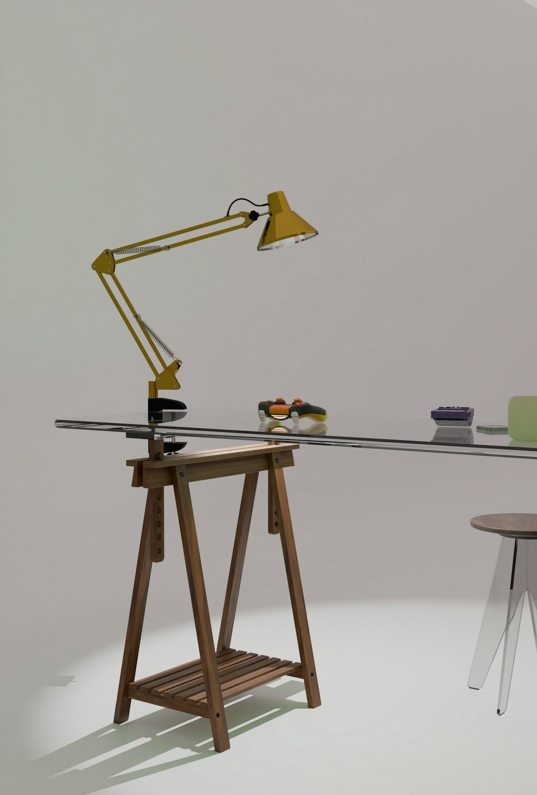 Vintage typewriter on a wooden desk with scattered papers and a dim desk lamp